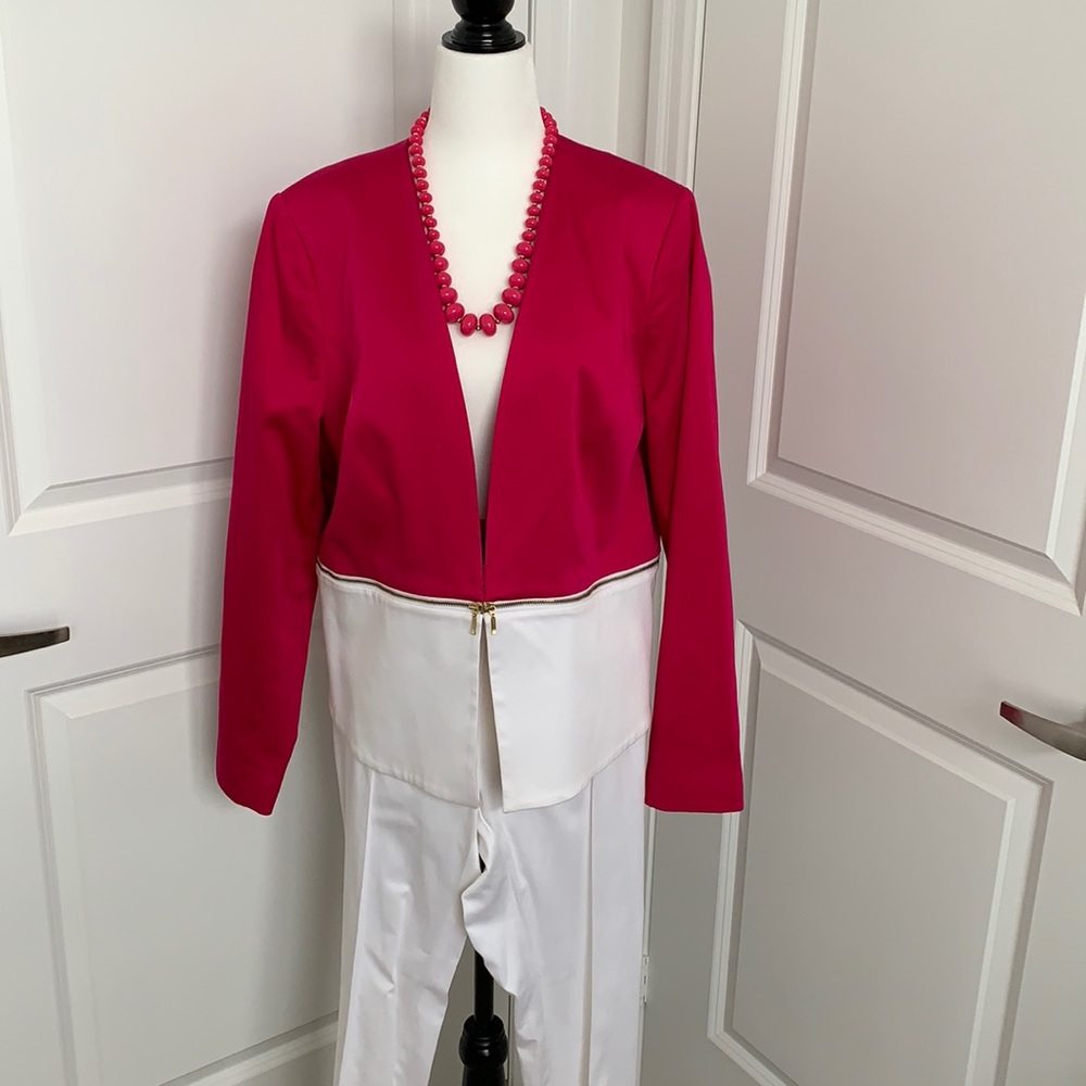 Two piece pant suit hot pink and white size 14